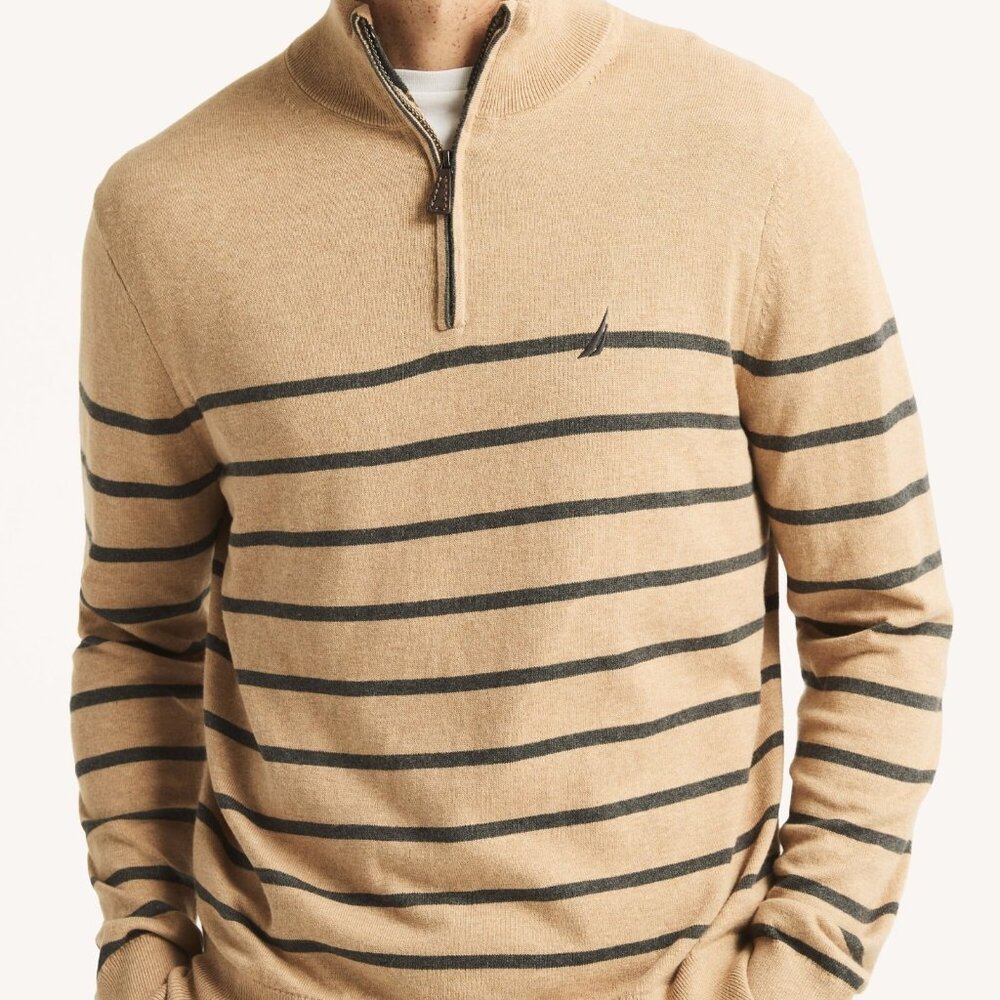 Nautica Mens Small Beige 1/4 Zip Collared Sweatshirt Camel Tan NEW